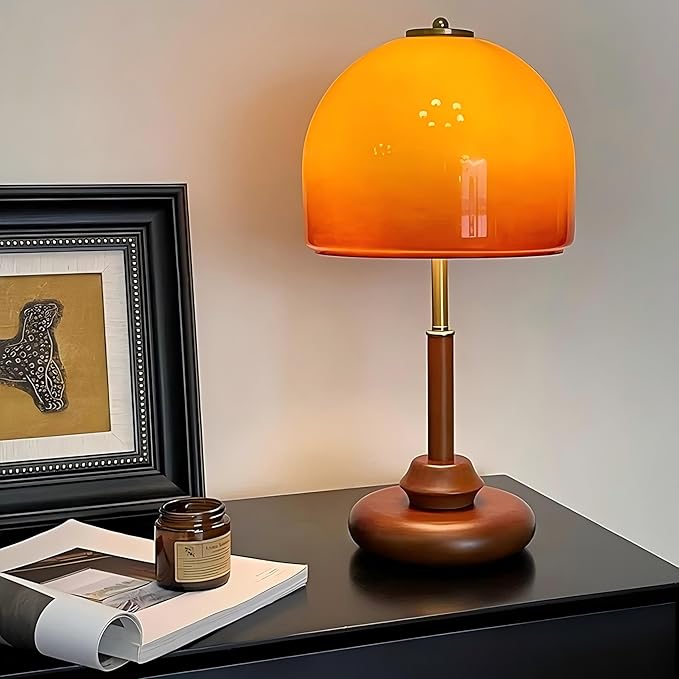 LIGHTLAND Orange Table Lamp, Glass Lampshade Metal Lamp Body Wood Base, Decorative Mushroom Lamp, Vintage Table Lamp for Living Room Bedroom Study, 9.4 * 19.7 Inch
