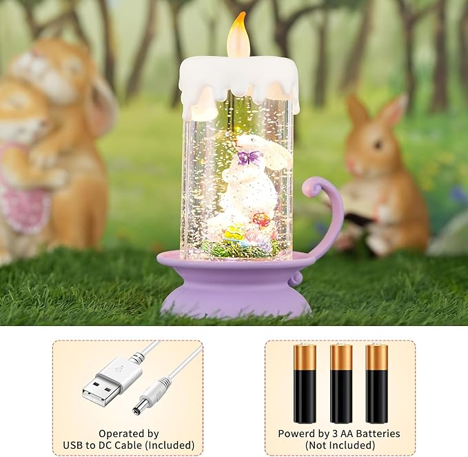 Easter Snow Globe Bunny Lantern with Swirling Glitter, USB & Battery Operated Easter Decorations for Home, Spring Tabletop Gifts