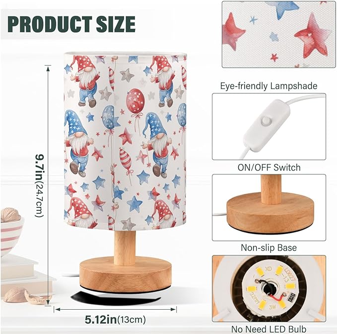 4th of July Funny Gnomes Table Lamp for Bedroom USB Port Lamps Small Accent Table Lamp Nightstand Lamp Study Linen Shade with Wooden Base, Decorative Lamps for Bedside Reading|Kids|Dorm|Home