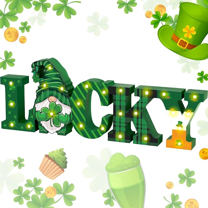 Menkxi St Patricks Day LED Wooden Sign St. Patrick's Day Table Decorations Wooden Lucky Decor Saint Patty's Tiered Tray Decor Light up Irish Table Centerpiece for Home Party Desk Office Room