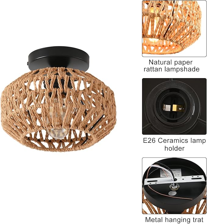 2 Pack Farmhouse Light Fixtures Ceiling Mount,Mini Rattan Boho Semi Flush Mount Ceiling Light,Hand Woven Hallway Light Fixtures for Bedroom Entryway Nursery Study Room