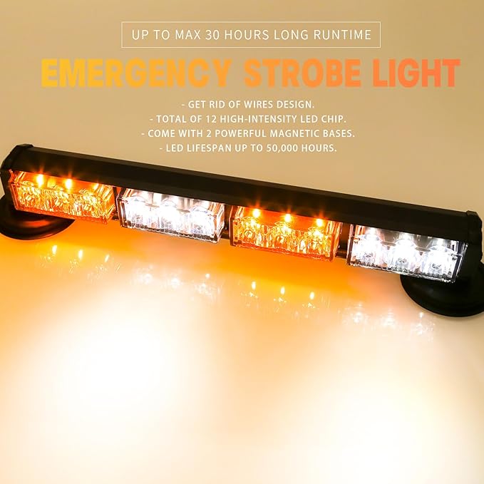 BooYu 14.8" Battery Powered Emergency Strobe Lights Bar for Truck Vehicle Trailer Rechargeable Roadside Wireless Rooftop Mini Hazard Flashing LED Beacon Warning Light w/Magnetic Base (Amber/White)