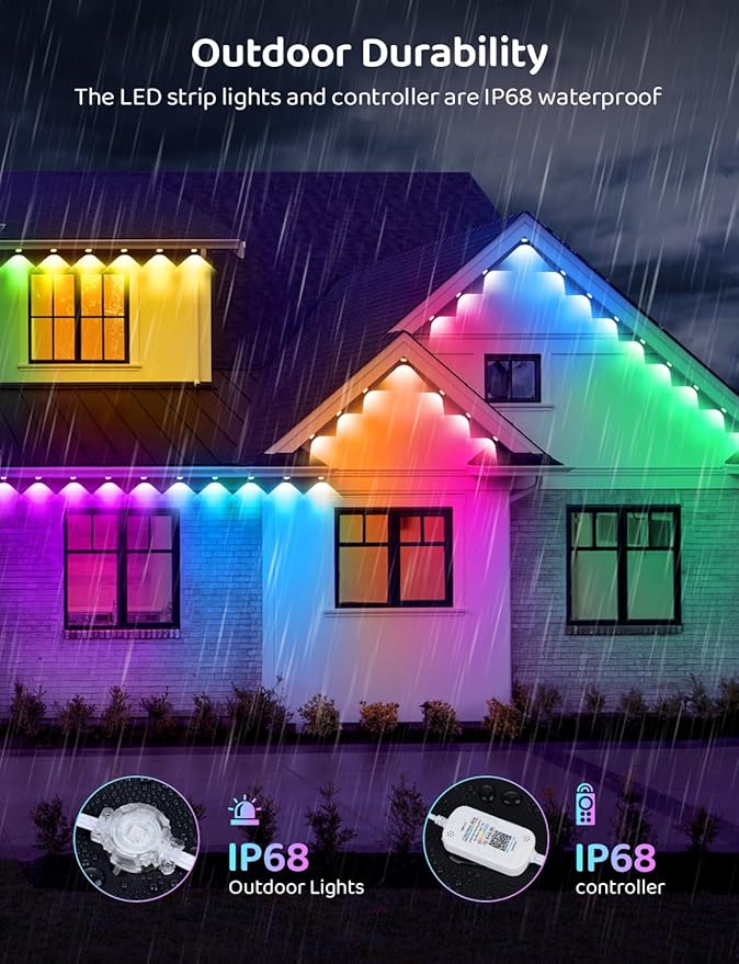 300FT IP68 WiFi DIY Design Permanent Outdoor Light,Arbitrary Trimming Smart RGB+IC Waterproof LED Eaves Lights for Christmas Decorations,Halloween,Compatible with Alexa,Google Assistant