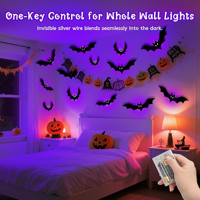 Halloween Bats Fairy Lights Wall Decor, 20 Packs Lighted Bats Stickers with Timer Halloween Party Wall Window Indoor Home Decorations