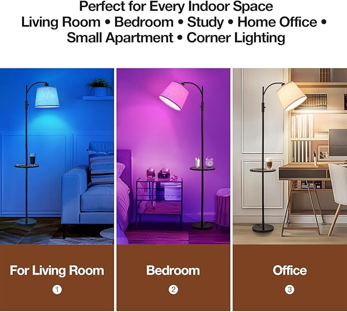 AIDENOEY Smart Floor Lamp with Side Table | Stepless Dimming, RGB Multi-Color | Adjustable Swivel Head | Voice Control with Alexa & Google Assistant |Black Lamp for Living Room,Bedroom,Home Office