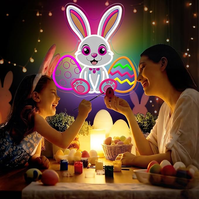 Easter Neon Sign, LED Light Up Bunny Eggs Decorations for Bedroom, Nursery Room, Classroom, Home, Acrylic Wall Mounted Lighted Cartoon Rabbit Decor, Easter Gifts for Boys and Girls, 14 x 13 Inches, USB Powered