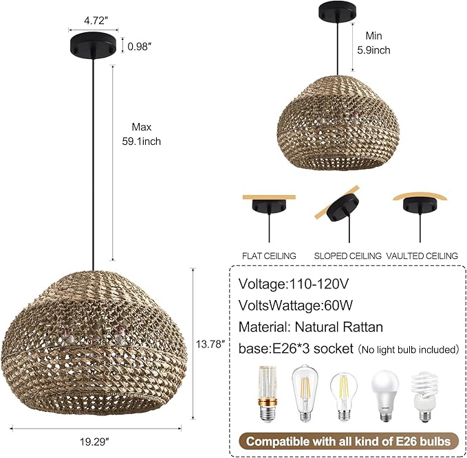 19.29” Large Rattan Pendant Light,3-Light Wicker Chandelier Light Fixture,Boho Kitchen Island Hanging Seagrass Rustic Lighting for Dining Room, Farmhouse,Foyer