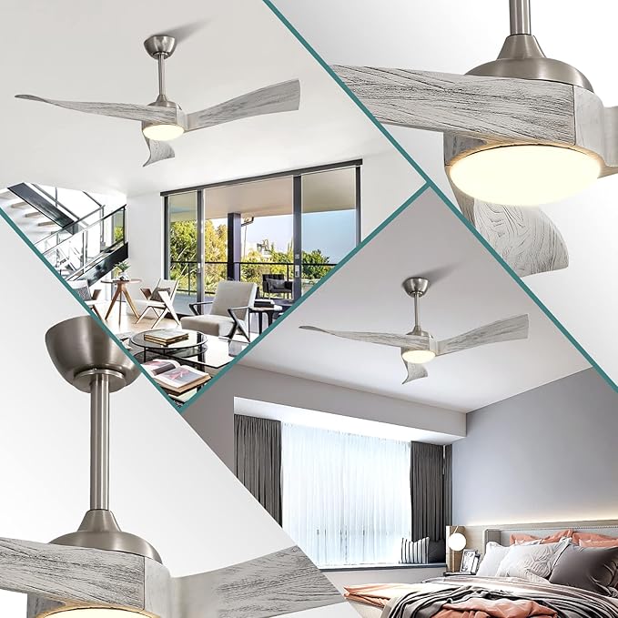 52 inch Ceiling Fans with Lights Remote Control,3 Wood Blades Outdoor Ceiling Fan, Dimmable LED Reversible DC Motor,Silver