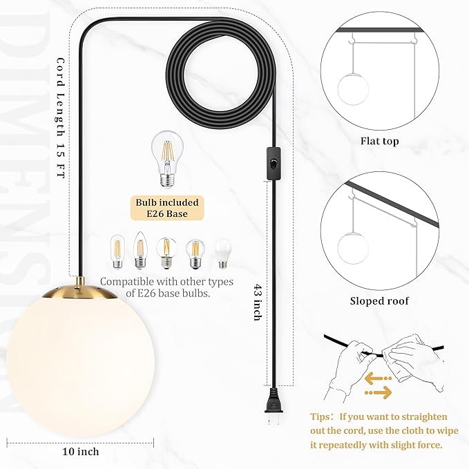 KoKo&Yukina 10" Globe Pendant Light Gold Plug in Pendant Light Adjustable Hanging Lights with Plug in Cord Brushed Gold Finished with Milk Glass Lampshade for Bedroom Kitchen Island（Bulb Included）
