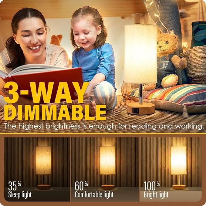 Yarra-Decor Bedside Table Lamp with USB Port - Touch Control for Bedroom 3 Way Dimmable Nightstand Lamp with Flaxen Fabric Shade for Living Room, Dorm, Home Office, Wood-Grain (LED Bulb Included)