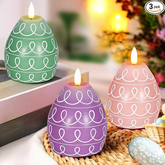 Leorate 3PCS Easter Egg Flameless Candles – 5.2" Battery Operated LED Egg Candles with White Wave Pattern, Green Purple Pink Real Wax Finish, Flickering Flame for Easter Table Centerpiece Spring Home