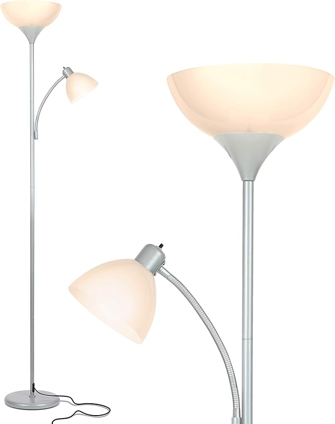 Brightech Sky Dome Plus LED Floor lamp, Torchiere Super Bright Floor Lamp with Reading Lamp for Living Rooms & Offices - Dimmable Tall Standing Lamp for Bedroom Reading - Silver