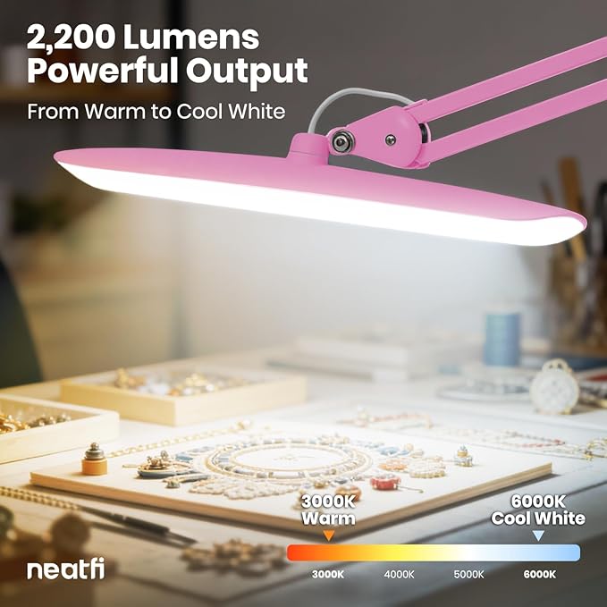Neatfi XL LED Desk Lamp with Clamp, 2200 Lumens, 20W, 20-Inch Wide Head, Dimmable 4 Brightness Levels, 3 Color Modes 3000K–6000K, Task Light for Home Office, Crafts, Workbench (CCT, Pink)