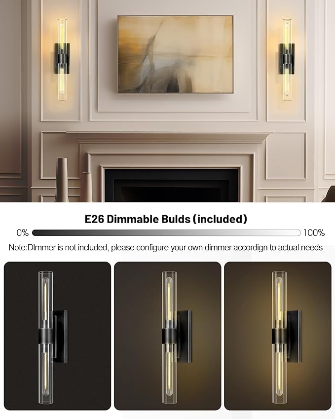 Black Wall Sconces, 22.8" Bathroom Sconces, Sconces Wall Lighting 2-Light, Bronze Wall Sconces Set of Two, Vanity Lights Tube Sconce, Glass Wall Sconce for Living Room, Bedroom, Hallway