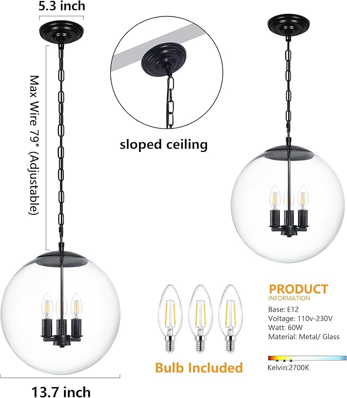 KoKo&Yukina 13.7" Black Globe Pendant Light Mid Century Pendant Light Clear Glass Pendant Lights Kitchen Island Adjustable Hanging Light Fixture for Dining Room Bedroom Kitchen Island