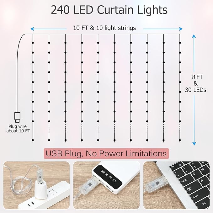 LED Curtain Lights, 10ft x 8ft 240 LED RGB Color Changing String Fairy Lights Curtain with Smart APP Control, Music & Voice Sync for Bedroom Backdrop Indoor Outdoor Christmas Decorations