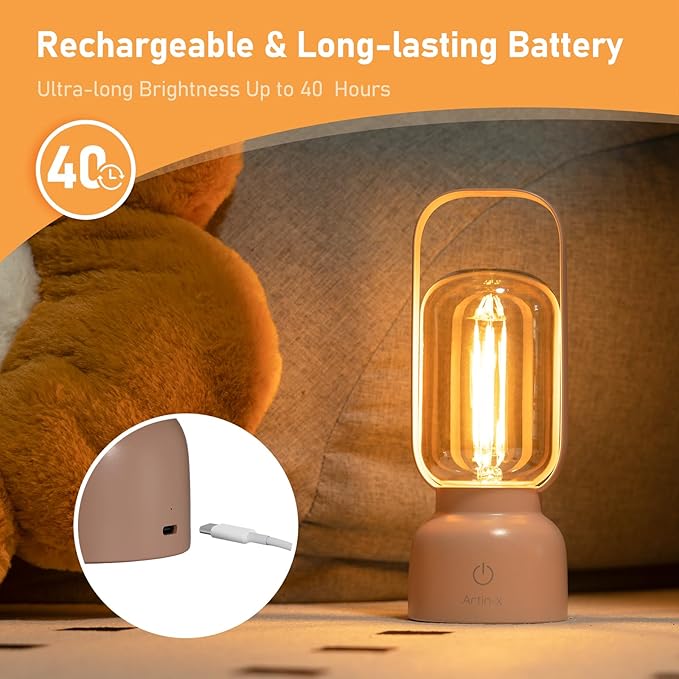 Retro Cordless Lantern Table Lamp, 40 Hours Long Lasting Dimming Night Light, Small Rechargeable Battery Operated Light for Cruise Nightstand Travel Camping Decoration Gift- Pink