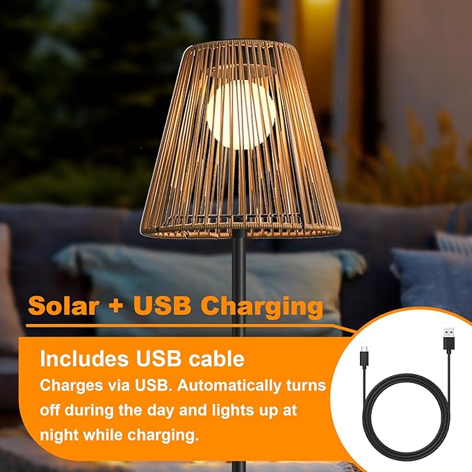 Outdoor Solar Floor Lamp, Garden Rattan Wicker Light, Metal Pole and Base, Waterproof Yard Garden Wedding Home Decor Light -Brown