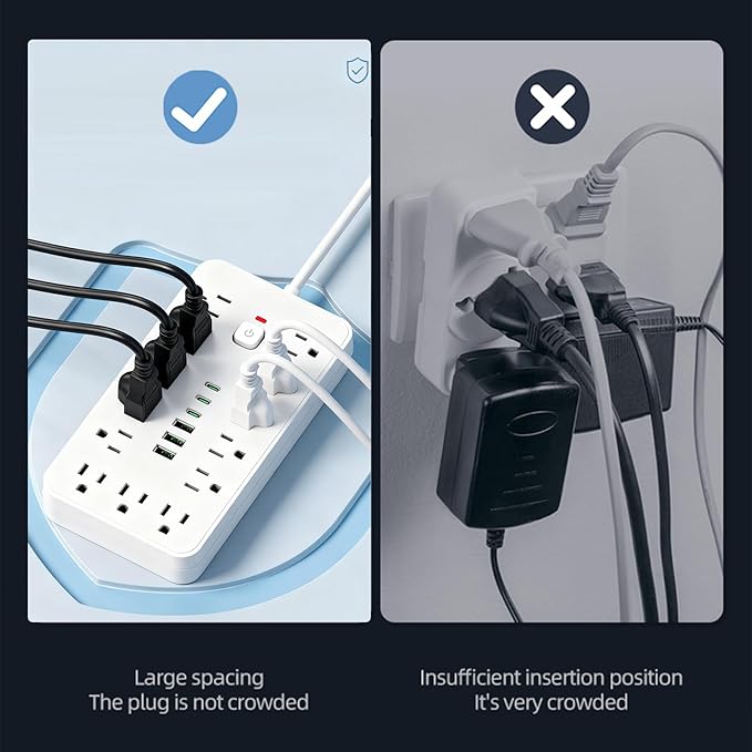 Surge Protector Power Strip 10 FT Flat Plug, 1875W/10A, 13 Multiple AC Outlets with 3 USB-A 3 USB C, One Touch Switch Button,Perfect for Home, Office, or Travel Use. White