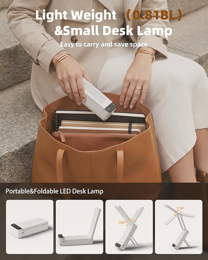 EZVALO Rechargeable Desk Lamp,6000mAh Battery Wireless Light,90Ra Cordless Table Lamp for Book Reading,Foldable Mini Lamp&Portable,3 Color Dimmable Small Light for Bed,Nail Light,Craft(White)