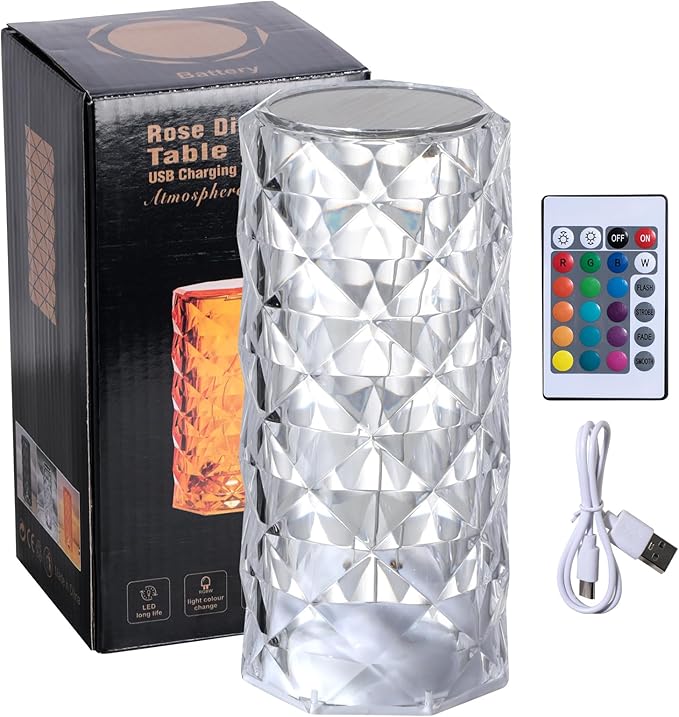 oneleaf Table Lamp Rose Crystal RGB Modern LED Cordless,Rechargeable Battery Touch Desk lamp with Remote Control, Night Light for Couple Dinner/Restaurant/Bedroom/Camp (B-Colorful)