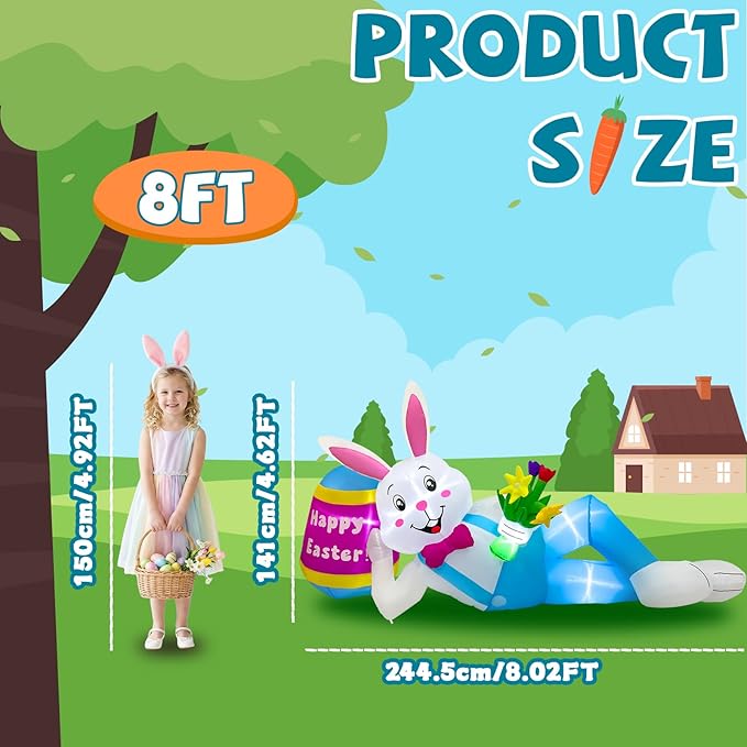 OurWarm 8FT Easter Inflatables Outdoor Decorations, Lying Inflatable Easter Bunny Decor with Egg, Easter Blow Up Yard Decorations with LED Lights, Easter Blow Ups for Outside Roof Lawn Yard Decor