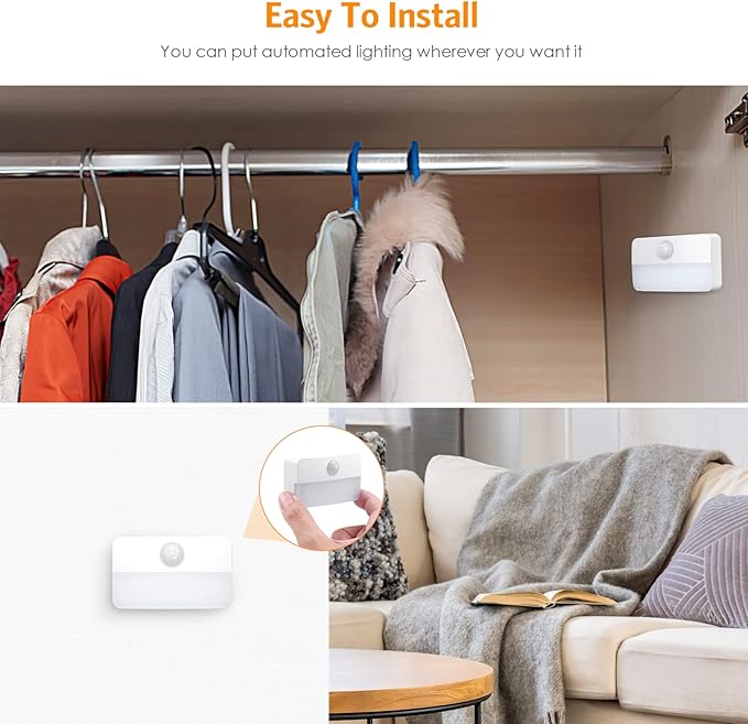【2 Pack】Motion Sensor Night Light, Stick-On Motion Sensor Lights Indoor, Battery Powered Under Cabinet Kitchen Lights with Adhesive Pads, Auto/On/Off for Cupboard Wardrobe Stair Kitchen- Warm White