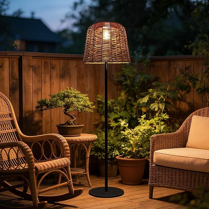 MIXL-Coffee Brown Outdoor Floor Lamp,Waterproof Wicker Shade Standing Lamp,Modern Farmhouse Dusk to Dawn Solar Light, 3000K Led Solar Outdoor Light for Patio Garden and Gazebo