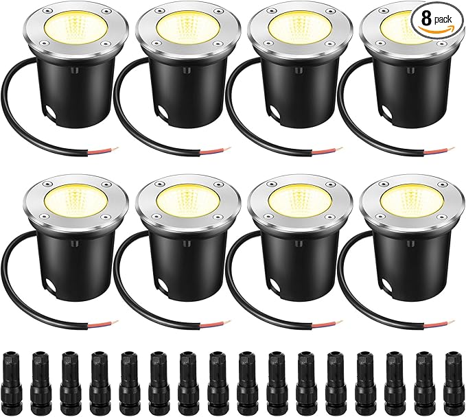 Yahenda 8 Sets Low Voltage Landscape Lights 5W LED Warm White Outdoor Waterproof Deck Lights with Connectors, 12V-24V In-Ground Pathway Lighting for Garden Yard Driveway Patio Walkway