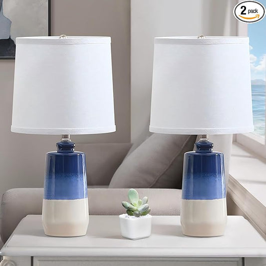 20.5" Ceramic Blue Lamps for Nightstand Set of 2, Blue Table Lamps for Living Room Set of 2, Coastal Table Lamps for Bedroom with White Barrel Lampshade, Blue White Ceramic Lamps for Small Space