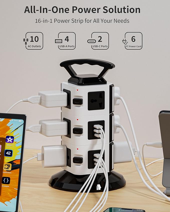 Power Strip Tower with 10 Outlets, 4 USB-A & 2 USB-C Ports, 1875W/15A Heavy Duty Charging Station for Multiple Devices, Plug Tower with 6ft Extension Cord, for Home, Office, Dorm