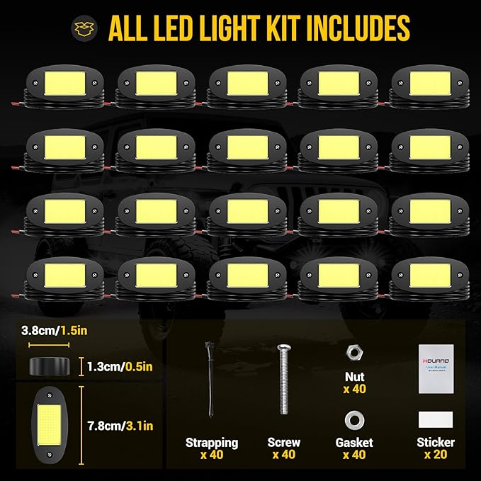 20 Pods COB White Rock Lights, 120 COB Chips 6500K Pure White Super Bright Neon Underglow, IP68 Waterproof Shockproof Off-Road Light Kit for Pickup Trucks, SUV, UTV, ATV, RZR, Cars & Boats