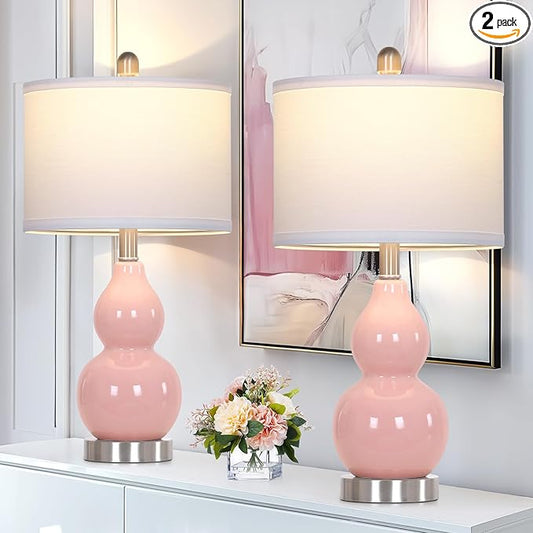 Double Gourd Ceramic Table Lamps Set of 2, Modern Pink Bedside Lamps for Night Stand, Contemporary Nightstand Lamps for Bedroom Living Room (Bulb Included)