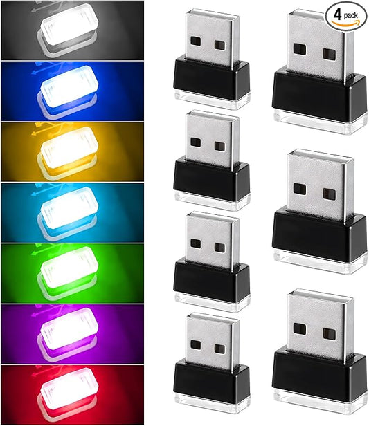 4 PCS USB LED Car Interior Atmosphere Lamp, Mini Night Light Plug-In Trunk Ambient Lighting Kit, Portable USB Interface LED Lamp Interior Decoration for Vehicle Home Office (7 PCS)