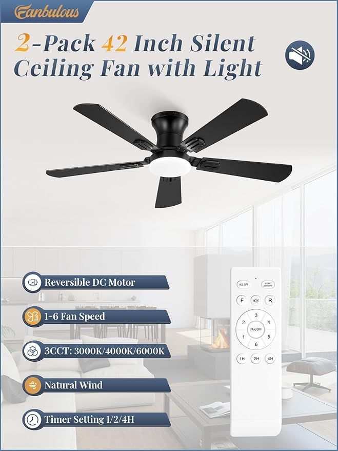 Fanbulous 42 Inch Ceiling Fans with Lights and Remote, Low Profile Indoor Black Ceiling Fan with 6 Speeds & 3CCT, Flush Mount, Dual-Finish 5 Blades,Quiet DC Motor for Living Room Bedroom(2 Pack)