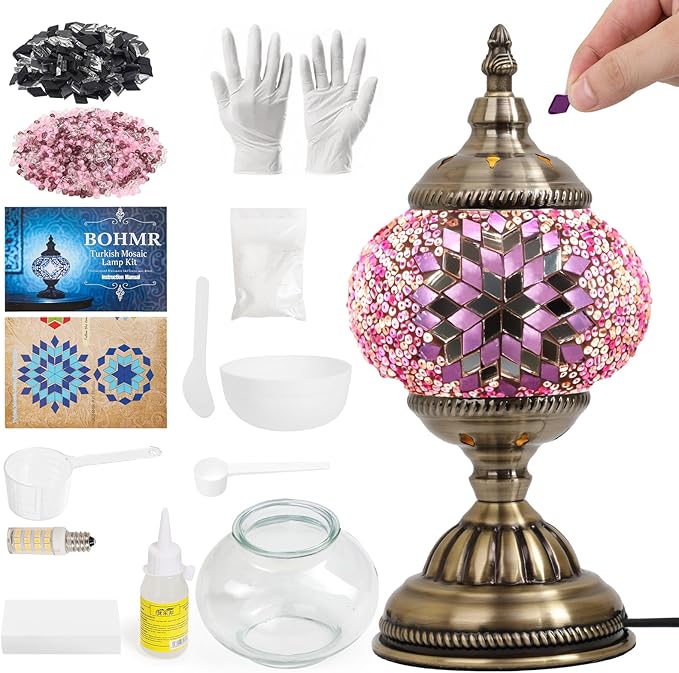 DIY Turkish Mosaic Lamp Kit, Stained Glass Table Lamp Making Kit- Easy and Fun, No Experience Needed, Mosaic Art & Craft Project Kits for Adults & Teens, Make Your Own Table Lamp,Pink