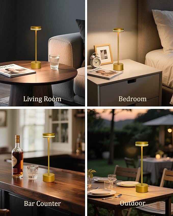 2 Pack LED Cordless Table Lamp Rechargeable, 5000mAh Portable Battery Operated LED Desk Lamp, 3 Color Dimmable Table Light for Reading/Home Office/Dining for Home Décor – Bright Gold