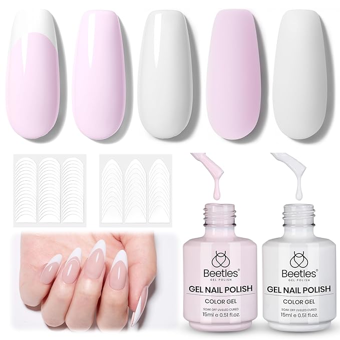 Beetles French Tip Gel Polish Set - Spring White Pink Gel Nail Polish Set 15ML Full Size Soak Off UV LED with 2 Styles Classic French Nail Art Sticker Sheets Manicure DIY Home Salon Gifts for Women