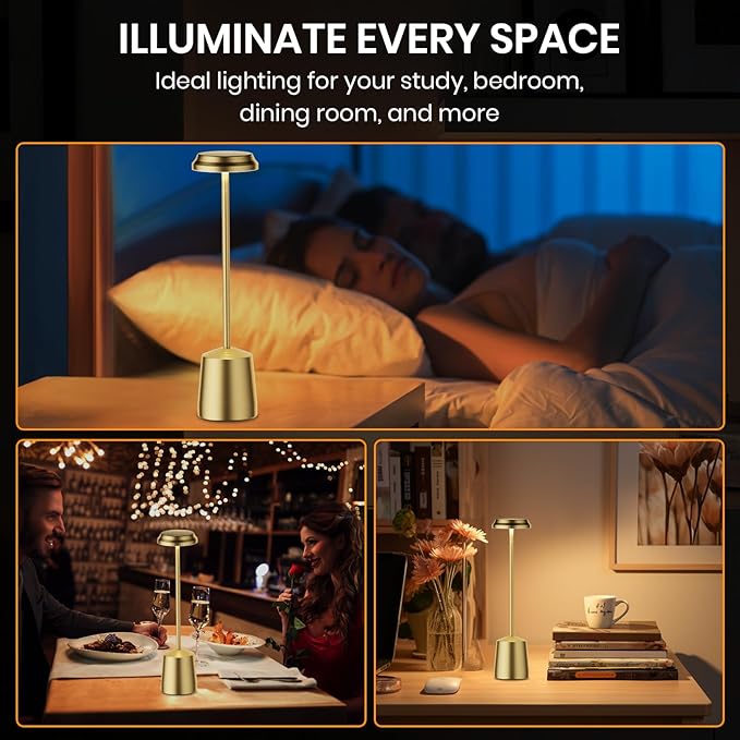 Aluminum LED Cordless Gold Table Lamps Set of 2, Portable Rechargeable 5000mAh Battery Operated Table Light, 3 Color Stepless Dimming Touch Control, Desk Lamp for Dinner/Restaurant/Bars/Coffee Shop