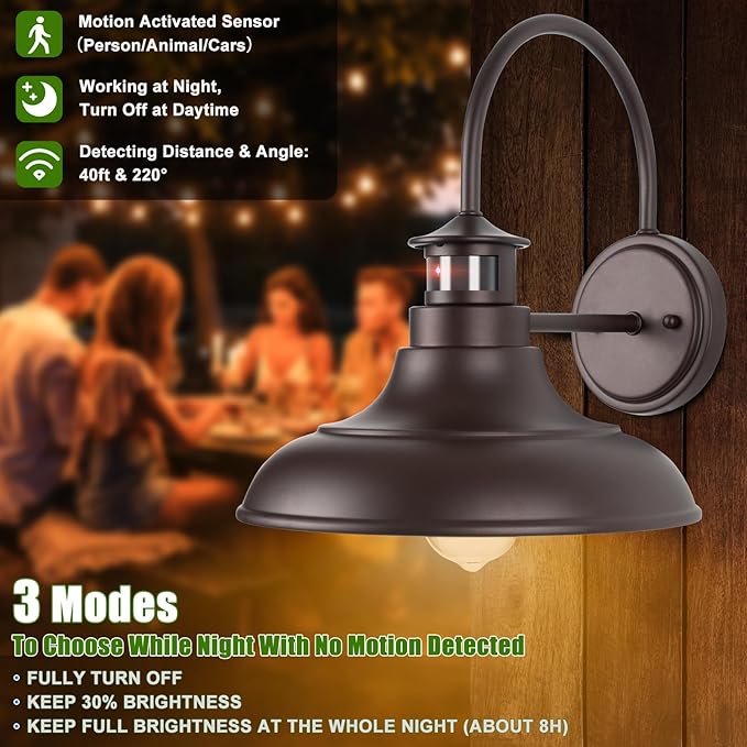 Oil Rubbed Bronze Motion Sensor Outdoor Barn Lights - Dusk to Dawn Farmhouse Gooseneck Barn Light, 12" Porch Light Fixture Wall Mount, Exterior Wall Lighting Fixture for Garage Patio Doorway, 2 Pack
