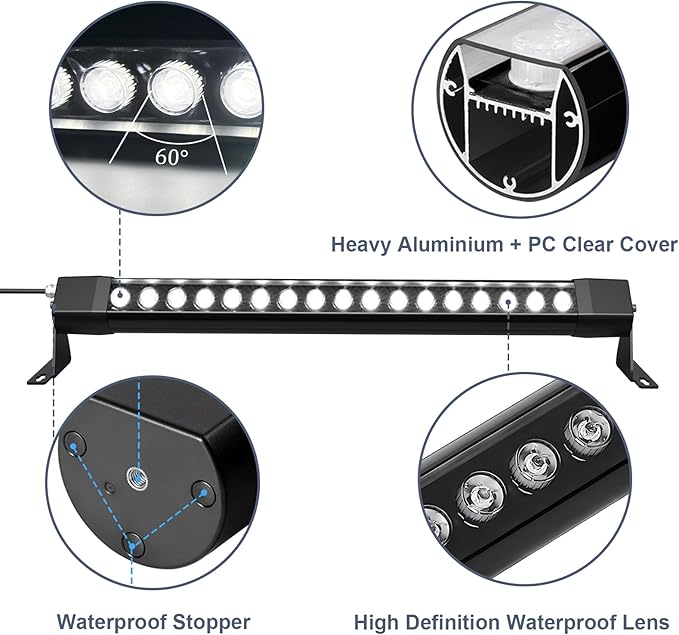 2 pcs Waterproof IP67 Wall Washer Light - 36W Upgraded LED Light Bar, 2ft Daylight White (5000K), for Building Walls, Yard, Church, Batting Cage, Plug-in Outdoor Lighting