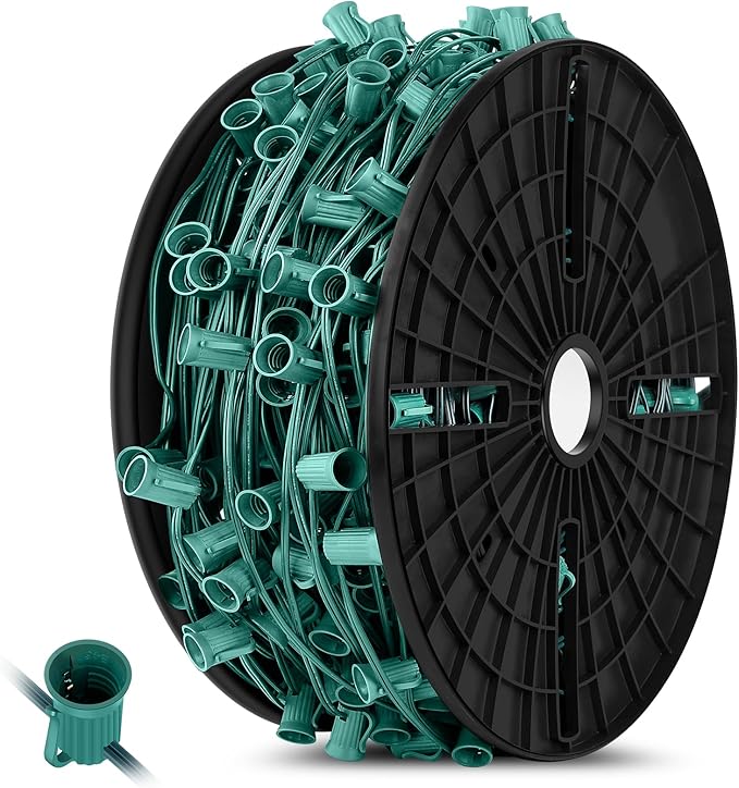 Brightever Commercial 500 FT C9 Christmas LED Lights String Outdoor, E17 Christmas Light Sockets Set Spool, C9 Sockets Patio String Lights C9 Strands - 12 Spacing Intermediate Base Green Wire