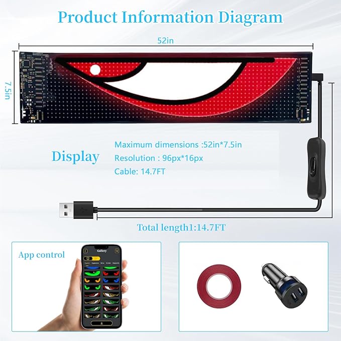 Large Size Devil Eyes Light for Windshield, 52inx7.5in Programmable LED Display for Car Windows - Flexible Waterproof Dynamic Eyes with Bluetooth App Control, Suitable for Cars and Trucks