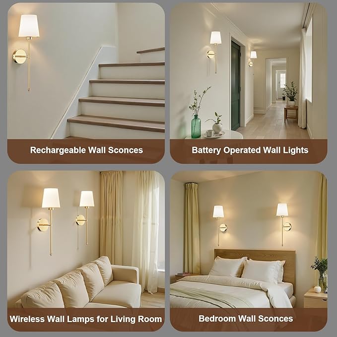 Wall Sconces Battery Operated Set of 2, Rechargeable Wall Sconce, 10 Colors Wireless Wall Sconces Set of Two, 5200mAh Dimmable Bulbs and Remote, for Bedroom Living Room, Hallway Decor (Gold - 24 inch)