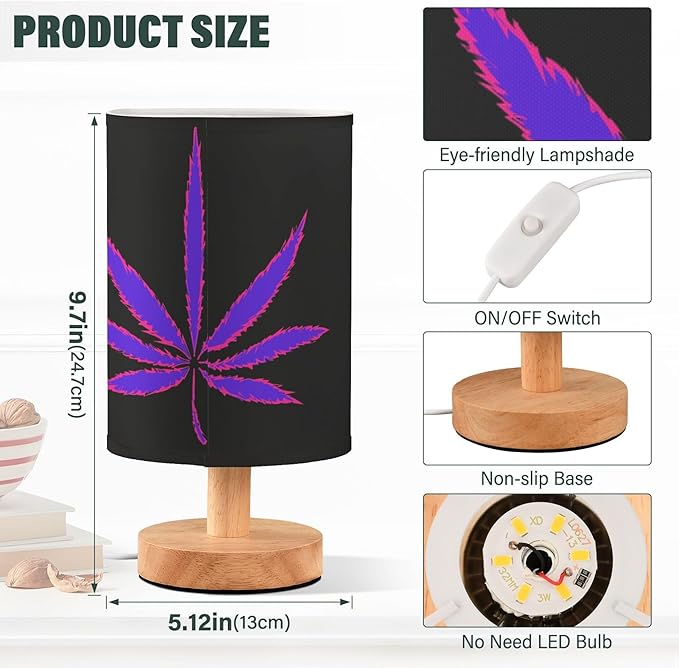 Table Lamp Neon Purple Marijuana Leaf Cannabis Weed Leaves on Black Nightstand Lamp with Wood Base Fabric Lamp Shade Bedside Desk Lamp for Living Room Bedroom Kids Room Office