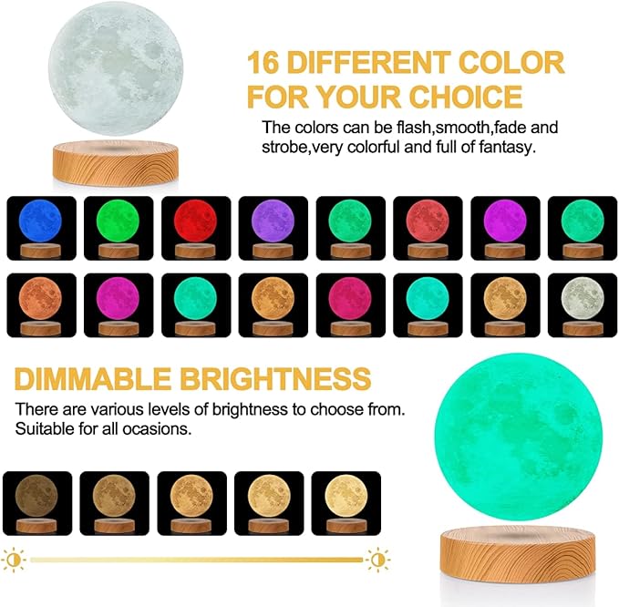 VGAzer Levitating Moon Lamp 5.9 Inch 16 Colors Moon Lamp 3D Moon LED Light with Remote Control for Unique Gifts,Room Decor,Night Light, (Round Base)