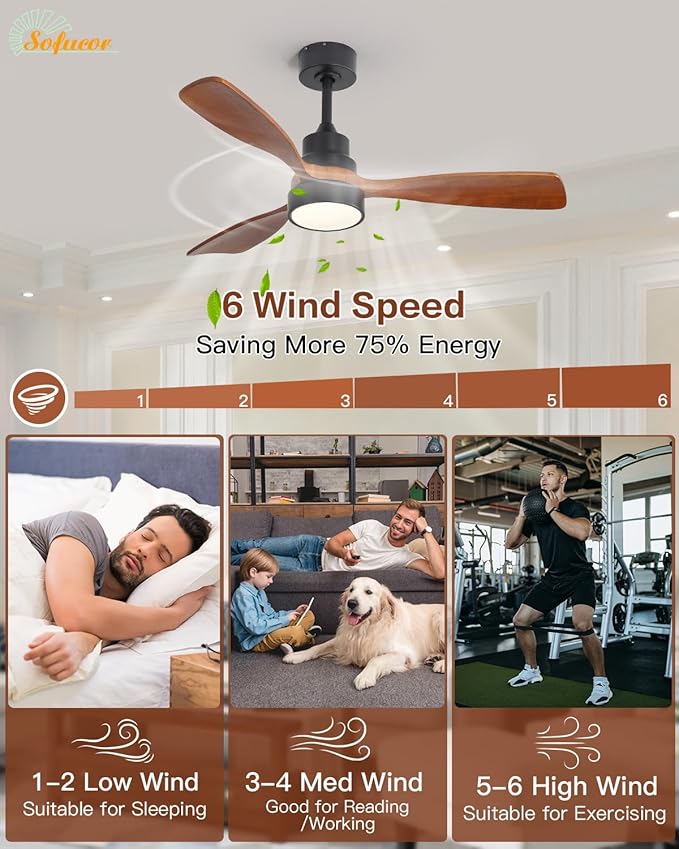 Sofucor 48 Inch Smart Ceiling Fans with Lights-Flush Mount & Downrod Mount Modern Outdoor Ceiling Fans with Alexa/Google Assistant/APP/Remote Control for Bedroom/Farmhouse/Patio, Black & Walnut
