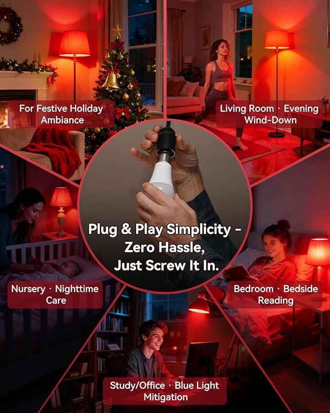 Neporal 7W 670nm Red Light Bulbs for Sleep, 100% Blue Light Blocking Bulb, Red Light Night Light for Melatonin Promoting, A19 60W Equivalent Dim Light Bulbs for Bedroom, Baby Nursery, Reading,2 Pack