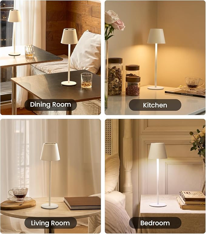 Cordless Table Lamp, Portable Battery Operated Lamp with 3 Color Temps and Stepless Dimming, Rechargeable Table Lamp for Dinner, Desk, Cafe, Outdoor (White)