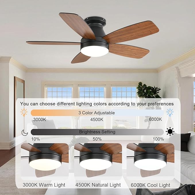 Ceiling Fans with Lights, 42 Inch Low Profile Ceiling Fan with Light and Remote/App Control, Flush Mount, Reversible, 3CCT, Dimmable, Noiseless, Brown Ceiling Fan for Indoor/Outdoor Use